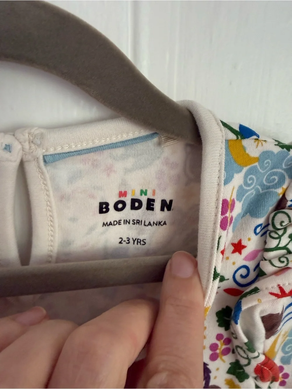 Mini Boden White Long-Sleeve Fairy Tale Print Dress with Gold Waistband
